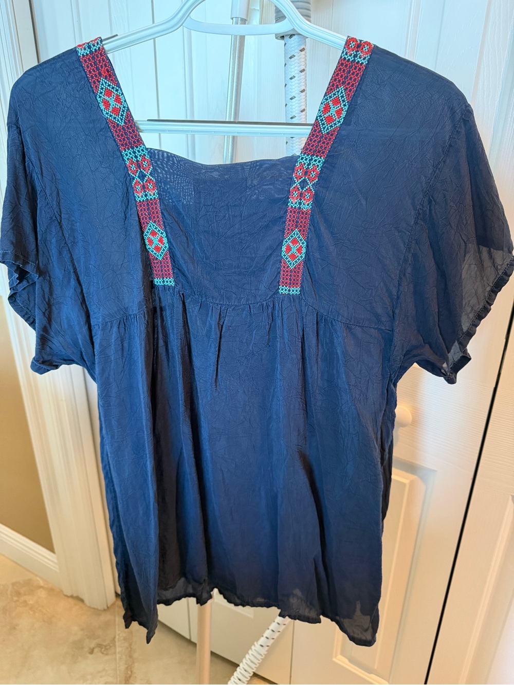 Johnny Was Navy Blue Embroidered Square-Neck Tunic